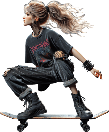 Photorealistic Avril Lavigne skateboarding, profile view.