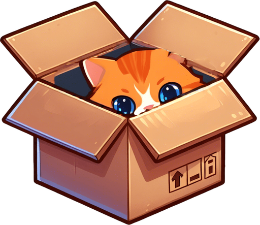 cute Chibi ginger cat peeking from the box into the camera. Cheeky, happy.