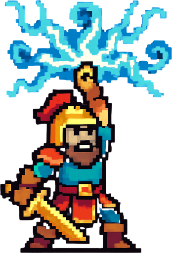 a hero, channeling, pixel art.
In-Game asset.  2d.  High contrast.  No shadows
