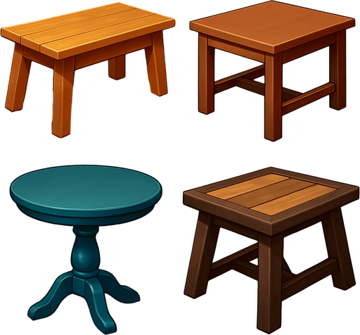 pack of different Tables images.
In-Game asset.  High contrast.  No shadows. 3D