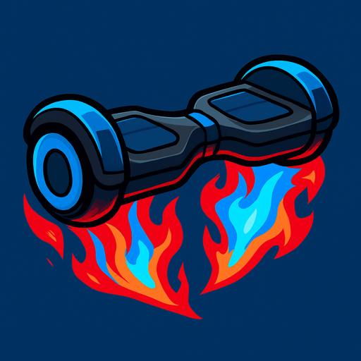 a hover board with colorful blue and red flames underneath.
In-Game asset.  2d.  High contrast.  No shadows