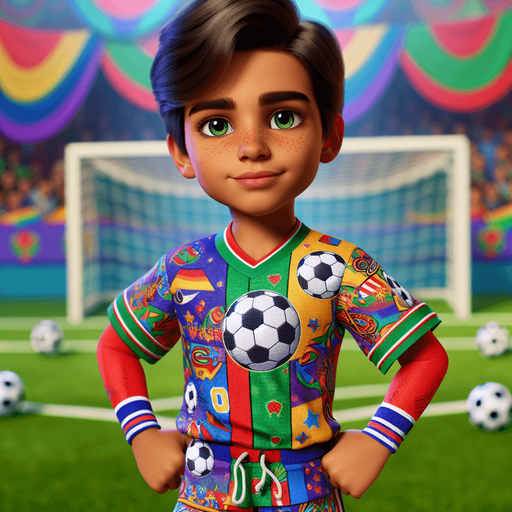 Boy standing in front cartoon soccer uniform