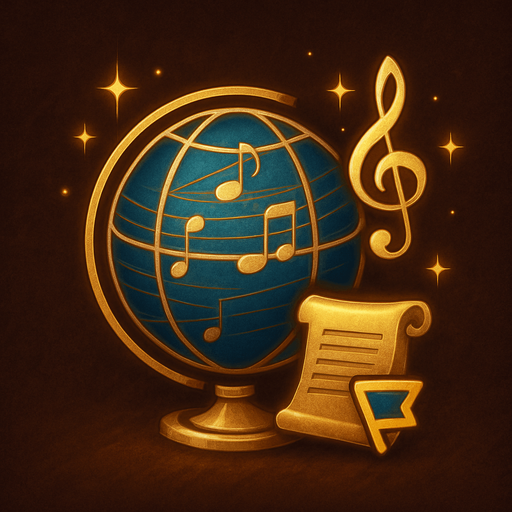 Design an icon for a Language selection button in a fantasy tower defense game set in a magical concert hall. The icon should combine a classic globe symbol with musical or magical elements to reflect the game's unique theme.

Main symbol: a stylized globe with subtle music note engravings on the surface or longitude/latitude lines formed from staff lines (like a musical sheet).
Optional elements: a floating treble clef, sparkles, or an open scroll representing language or translation.

Use elegant gold, bronze, or blue tones, with a soft magical glow.
The background should be subtle—velvet, dark wood, or parchment-like texture.

Icon must be square (256×256 px), readable at small sizes, and must not include text.
Optional: provide a state where a small flag symbol or dropdown arrow appears to suggest language selection.

Style: refined, orchestral fantasy UI—fitting the atmosphere of a haunted concert hall with magical elegance..
In-Game asset.  2d.  High contrast.  No shadows