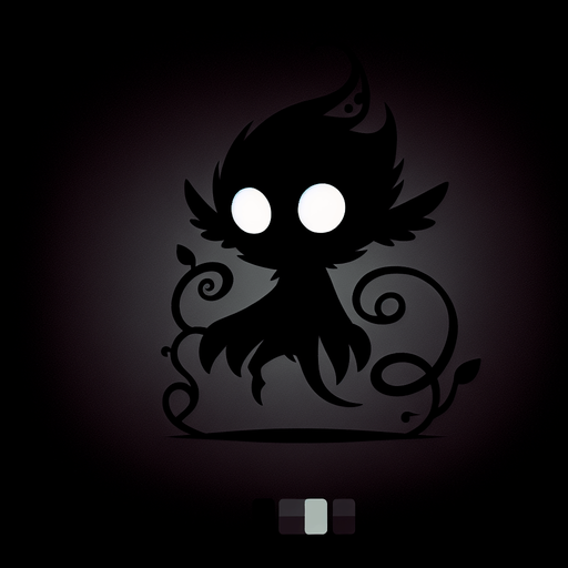 A silhouette of a small, mischievous shadow creature (imp, tendril beast, raven?). Could also be a pair of glowing eyes peering out from darkness..
Single Game Texture.  In-Game asset.  2d.  Blank background.  High contrast.  No shadows