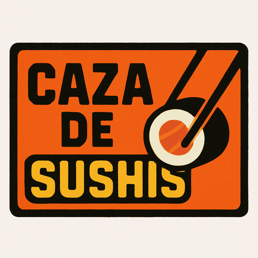 Letrero rectangular pequeño que diga "caza de sushis".
In-Game asset.  2d.  High contrast.  No shadows