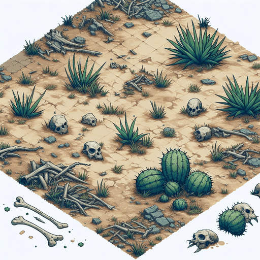 In a wasteland, there are some green plants and some animal bones around..
Single Game Texture. In-Game asset. 2d. Blank background. High contrast. No shadows.