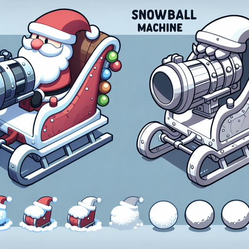 Icon for a Snowball machine on the back of santas sledge, cartoon, with the text „snowball machine“ on the top Single Game Texture. In-Game asset. 2d. Blank background. High contrast. No shadows.