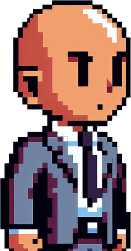 8-bit. cartoon. fancy office person. bald. seen from the side. in game assset. Single Game Texture. In-Game asset. 2d. Blank background. High contrast. No shadows.