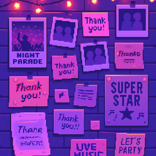 A 2048x2732 vertical pixel art background for a credits screen in a rhythm-based pixel art game. The scene shows a cozy wall in the same neon-lit DJ studio, filled with pinned polaroid photos, signed posters, music flyers, sticky notes, and handwritten thank-you notes. Soft glowing fairy lights hang above. The lighting is soft pink, violet and blue, with a nostalgic, emotional, and heartfelt vibe. No characters or UI — just a decorative wall filled with creative memories and gratitude..
In-Game asset.  2d.  High contrast.  No shadows