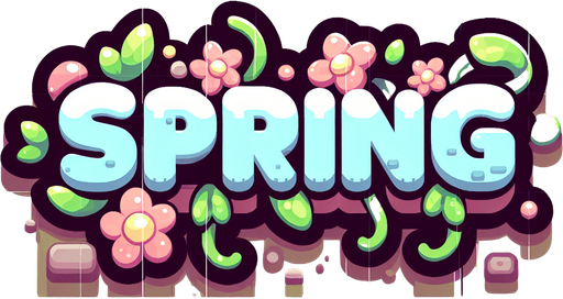 Create a SVG text design in bold cartoon style: "SPRING" in chunky rounded letters with floral accents and vines. Use spring pastels.​​​​​​​​​​​​​​​​.
Single Game Texture. In-Game asset. 2d. Blank background. High contrast. No shadows.