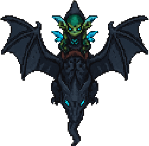 “Top-down pixel art of a goblin riding a flying  black - dark blue dragon. The dragon has wide, leathery wings fully extended, a long tail, sharp back ridges, and glowing blue eyes. It’s flying mid-air, viewed directly from above. The goblin is sitting on the dragon’s back,  blue dragon wings, holding reins or gripping a saddle, wearing dark fantasy armor with blue glowing runes. Designed as a 2D game sprite with a fantasy style, organic (non-mechanical) dragon, both characters seen from above.”.
In-Game asset.  2d.  High contrast.  No shadows