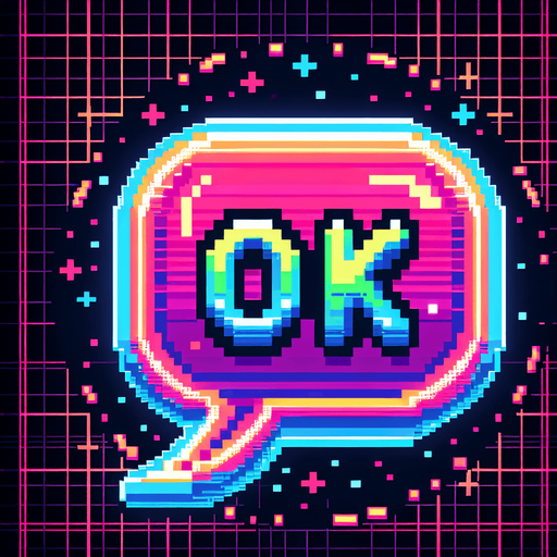 pixel art speech bubble that says "Ok" neon color..
Single Game Texture. In-Game asset. 2d. Blank background. High contrast. No shadows.