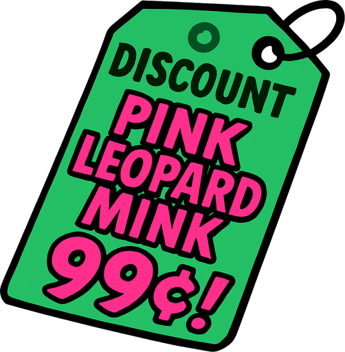 green price tag that says discount pink leopard mink 99 cents!
In-Game asset.  2d.  High contrast.  No shadows