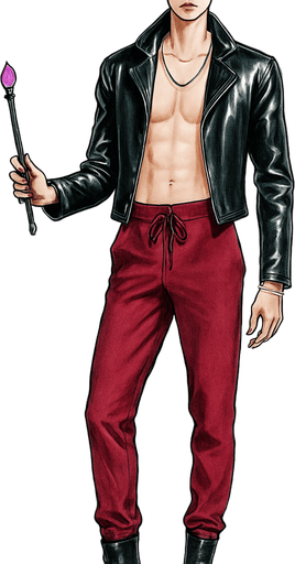 Swishy graceful man Cyberpunk manga, facing forward idle animation shiny black leather biker jacket longsleeves shirtless thin toned abs blonde undercut pompadour guy, wine red joggers, combat boots, holding gemstone-tipped magic wand, necklaces, Background removed, Full-body character, entirely in frame, no cropping of hair, head, or boots, Complete character visible, from head to toe, fully centered in the image" "Entire character, fully within the frame, no edges cut off fashion illustration model idle pose, style of Vogue magazine