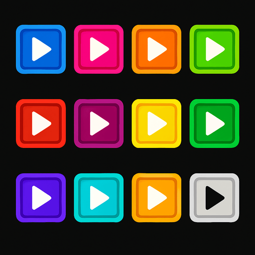a sprite sheet for a 2D illustration of colored square buttons containing a minimalistic triangle arrow inside them, for a rythm based musical casual mobile game.
In-Game asset.  2d.  High contrast.  No shadows