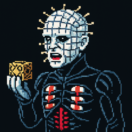 pinhead hellraiser pixel art.
In-Game asset.  2d.  High contrast.  No shadows