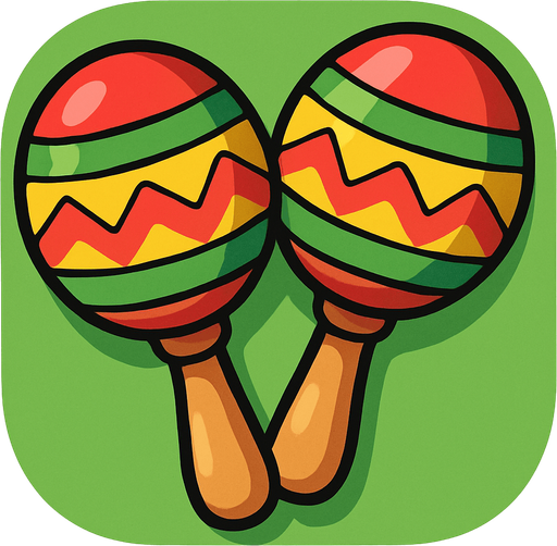 A colorful, cartoon-style 2D illustration of a pair of maracas. Each maraca should have a rounded top and a small wooden handle, decorated with bright patterns (like stripes or zigzags in red, yellow, green). The design should be playful and festive, matching the visual style of mobile games. Export as a transparent PNG, with bold outlines and soft shading, suitable for use as a music quiz game icon..rounded background with yellow or green

In-Game asset.  2d.  High contrast.  No shadows
