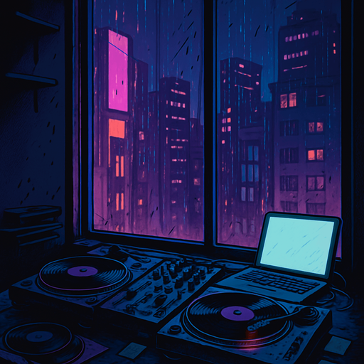 A 2048x2732 vertical background illustration in a semi-realistic comic book style. The scene depicts a moody DJ booth inside a small urban apartment at night, overlooking a vibrant neon-lit city through large glass windows. The DJ setup is stylish but lived-in — with vinyl records, scattered sticky notes, a glowing laptop screen, and faint light reflections on the desk. Outside, rain trickles down the window, and distant buildings flicker with purples, blues, and pinks. The entire environment feels reflective, lo-fi, and intimate — as if the city hums with a quiet rhythm. No characters, no text — just a story-rich, immersive menu backdrop..
In-Game asset.  2d.  High contrast.  No shadows
