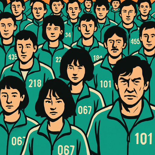 a lot of people in squid game clothes.
In-Game asset.  2d.  High contrast.  No shadows