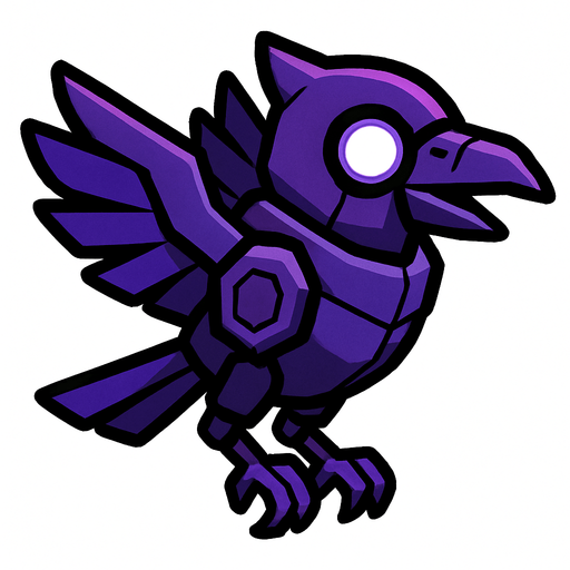 Crow robot morado volando.
In-Game asset.  2d.  High contrast.  No shadows