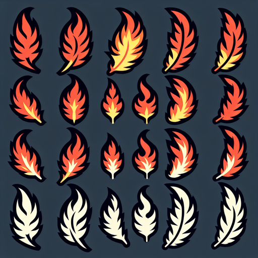 A sprite sheet of Phoenix feathers. Single feather..
Single Game Texture. In-Game asset. 2d. Blank background. High contrast. No shadows.