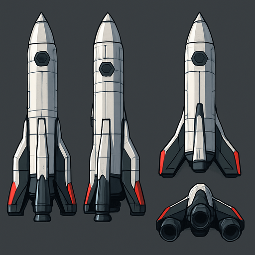 Create si-fi realistic rocket with  3D views. In-Game asset. 2d. High contrast. No shadows. In-Game asset. 2d. High contrast. No shadows.
In-Game asset.  2d.  High contrast.  No shadows