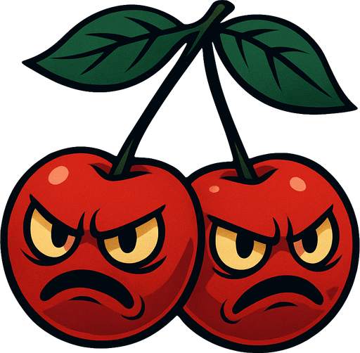 La Petacereza es un par de cerezas gemelas de un rojo intenso y brillante, unidas por sus delgados tallos que se juntan en una pequeña ramita coronada por tres hojas verdes oscuras. Cada fruto tiene rasgos agresivos: ojos amarillentos con iris rojizos y cejas fruncidas, y bocas torcidas en muecas de enfado que sugieren su inminente explosión. Sus superficies lucen suaves, con leves reflejos que acentúan su redondez perfecta..
In-Game asset.  2d.  High contrast.  No shadows