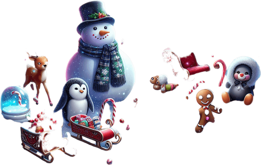 A Magical feeric starry christmas landscape at night with a snow man , candy canes ,holly leafs and snow flakes, cute penguin, Santa's reindeers, green, red and blue presents and a lot of toys, a sled, gingerbread boy and girl, snow globes, cute polar bears cub and a gingerbread house. Realistic. Plastic style. Background image