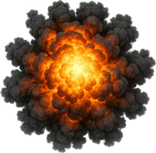 Patlama, gerçekçi, üstten görünüm, yazısız.
In-Game asset.  High contrast.  No shadows