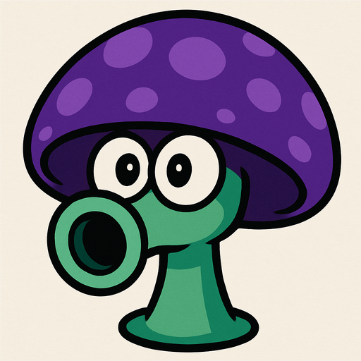 Sombrero Púrpura: Tiene un sombrero grande y redondo de color púrpura oscuro o violeta, con manchas o puntos de un púrpura ligeramente más claro.

Tallo Verde Claro: Su tallo es corto y robusto, de un color verde claro o menta.

Ojos Grandes y Boquilla: Posee dos ojos grandes y redondos, y una "boca" o boquilla prominente en el frente, de color verde oscuro, desde donde expulsa sus proyectiles..
In-Game asset.  2d.  High contrast.  No shadows