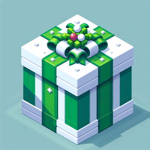a big green and white christmas gift ornated. isometric view. nothing under. Single Game Texture. In-Game asset. 2d. Blank background. High contrast. No shadows.