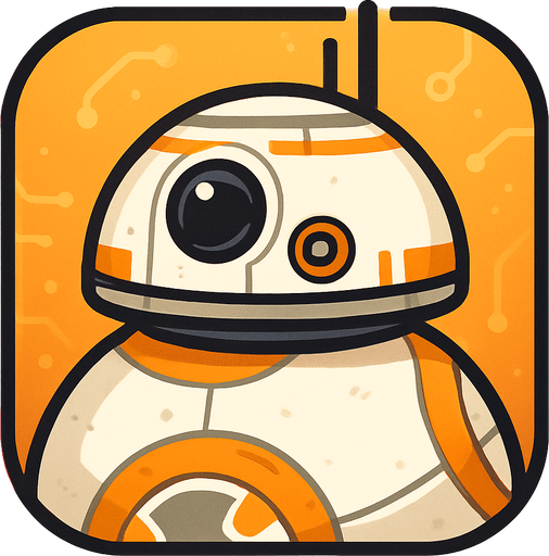 A stylized icon featuring the head of a spherical sci-fi droid. The droid has a sleek, white dome-shaped head with orange and silver accents, a central black photoreceptor eye, and a few small antennae. Its design is clean, compact, and friendly, with a glossy, slightly weathered finish that suggests it's a field robot. The background is minimal, with soft glows or circuit-inspired patterns in warm tones to contrast the droid's colors. Designed to be clear and recognizable at small sizes. Circular or square layout, 1024x1024 resolution, high detail, sci-fi concept art style. Inspired by modern robotic companions, fully original and copyright-safe..
In-Game asset.  2d.  High contrast.  No shadows