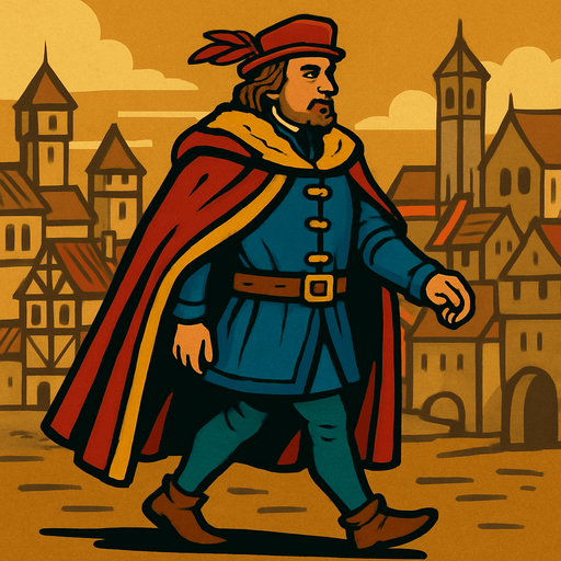 bir orta çağ şehrinin soylu dükü görünümünde yap orta yaşlarda sağdan solda yürür gibi.
In-Game asset.  2d.  High contrast.  No shadows