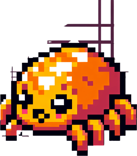 a cute orange-yellow spider, side view, pixel art, fangs, no shadow
Single Game Texture. In-Game asset. 2d. Blank background. High contrast. No shadows.