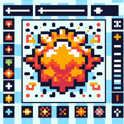 a cartoon explosion. pixel art style..
Single Game Texture. In-Game asset. 2d. Blank background. High contrast. No shadows.