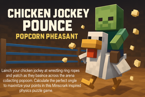 Fullscreen modern App Store landscape banner, 16:9, high definition, for a game titled "Chicken Jockey Bounce: Popcorn Pheasant " and with the description "Launch your chicken jockey at wrestling ring ropes and watch as they bounce across the arena collecting popcorn. Calculate the perfect angle to maximize your points in this Minecraft-inspired physics puzzle game.". Chicken Jockey text on banner! Add baby zombie riding the chicken