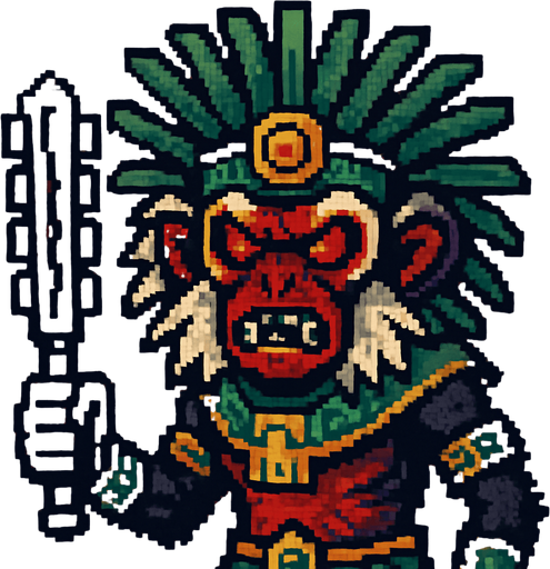 Genérame una MONO TITÍ guerra azteca con eso patrones estilo pixelar, con una apariencia maligna..
In-Game asset.  2d.  High contrast.  No shadows
