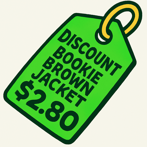 green price tag that says discount Dookie Brown Leather Jacket $2.80.
In-Game asset.  2d.  High contrast.  No shadows