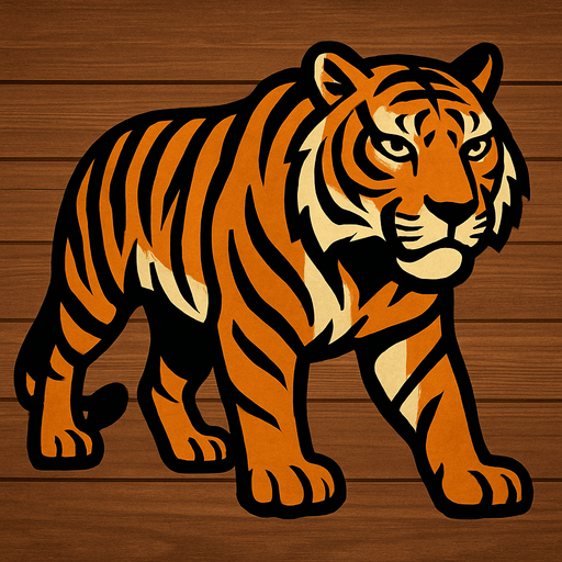A tiger image, with wooden background.
In-Game asset.  2d.  High contrast.  No shadows