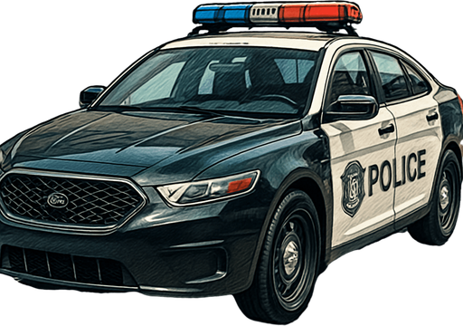 A highly detailed 2D illustration of a modern police car, viewed from a 3/4 front angle. The car should feature realistic proportions, reflective black and white paint, a visible police logo on the doors, detailed sirens and light bars on top, chrome accents, visible tires with tread, a front grille with texture, and a clean, urban background with street reflections. Emphasize realism and intricate detail, with proper shading and highlights to give a semi-realistic hand-drawn look. The style should combine comic art with technical illustration.
In-Game asset.  2d.  High contrast.  No shadows