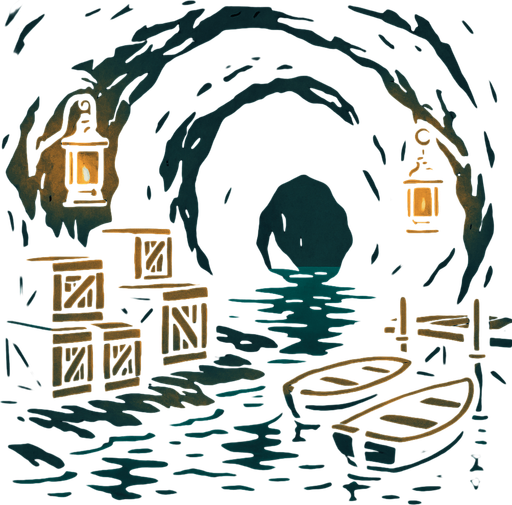 A dark sea cave used by smugglers, crates stacked on wet stone, rusty lanterns casting weak light, small boats tied to hidden docks.
In-Game asset.  2d.  High contrast.  No shadows