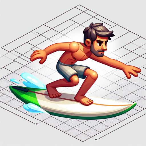A surfer standing and riding on a surfboard. Side profile. Cartoon. Full body. 
Single Game Texture.  In-Game asset.  2d.  Blank background.  High contrast.  No shadows