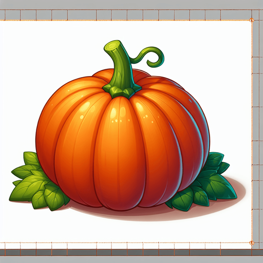 A lush pumpkin at the foot of its green stalk..
Single Game Texture. In-Game asset. 2d. Blank background. High contrast. No shadows.