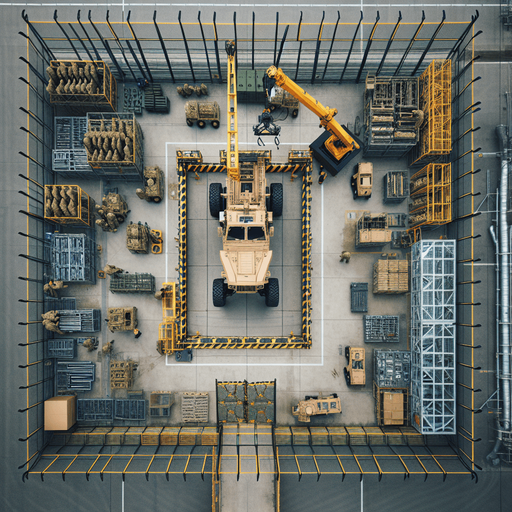 Simple light army vehicule factory buiding a quad with a crane. Square fence..
Zenith view Directly overhead. Plumb view.