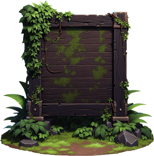 A dark wooden message board with vines and jungle moss growing on top..
Single Game Texture. In-Game asset. 2d. Blank background. High contrast. No shadows.