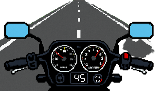 Place a fixed motorcycle cockpit graphic that spans the full width of the bottom of the screen. It should stay anchored to the UI and not move with the player or the game world. The cockpit should appear in front of the gameplay area, like a HUD overlay..
In-Game asset.  2d.  High contrast.  No shadows