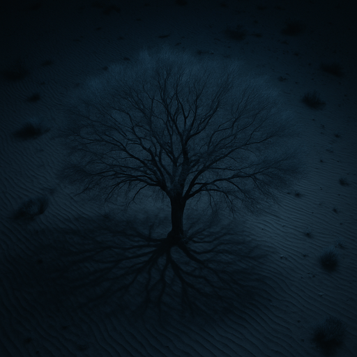 Photorealistic desert tree at night, bird view