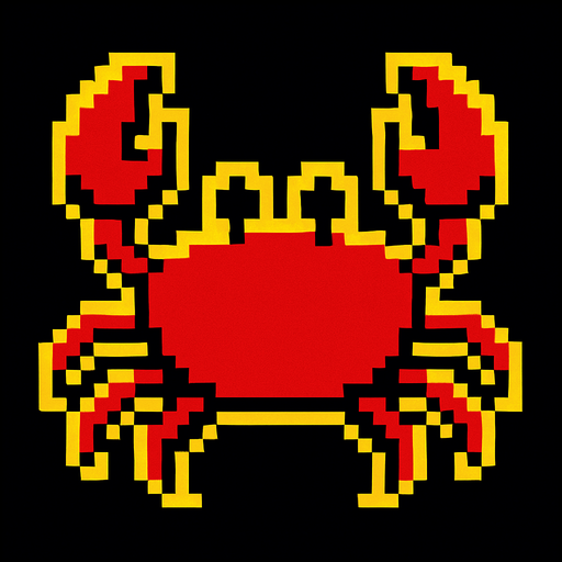 A small red crab. 80s arcade machine graphics..
In-Game asset.  2d.  High contrast.  No shadows