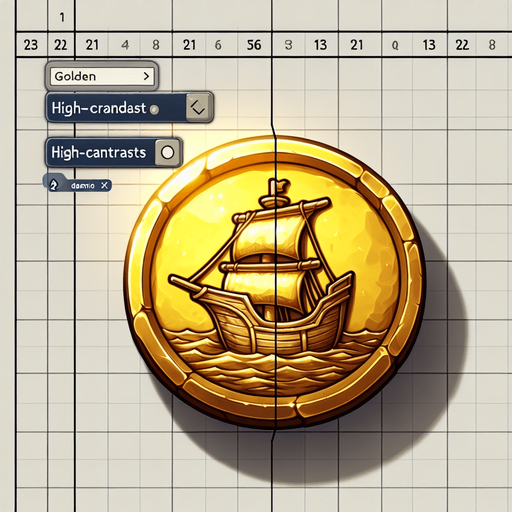 a single shining yellowish golden coin with the boat  on it.
Single Game Texture.  In-Game asset.  2d.  Blank background.  High contrast.  No shadows