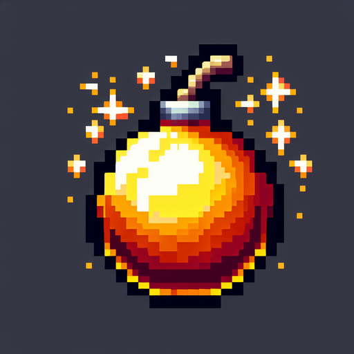 a cartoon bomb. bright. shiny. pixel art. no text. front view. already lit..
Single Game Texture. In-Game asset. 2d. Blank background. High contrast. No shadows.